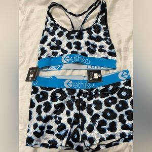 Ethika S-Bra & The Staple bottoms in blue, white, and black leopard print